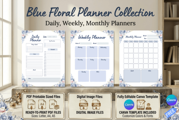 Blue Floral Planner Trio