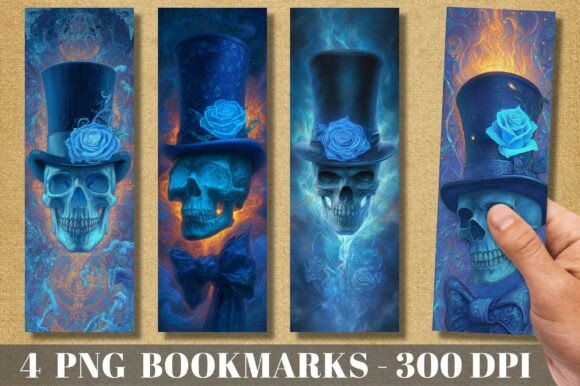Gothic Blue Skull Top Hat Magic Bookmark