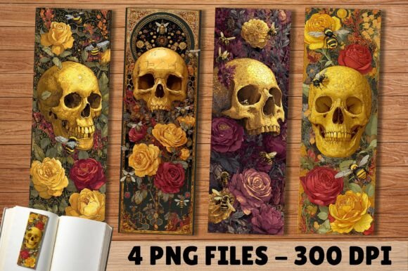 Honey Bee Golden Skull Floral Bookmark: A Versatile Digital Design for Creative Engagement