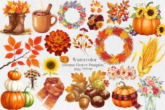 Watercolor Autumn Flower Pumpkin Designs