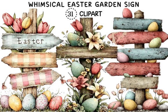 Whimsical Easter Garden Sign Clipart
