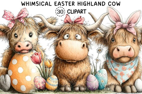 Whimsical Easter Highland Cow Clipart